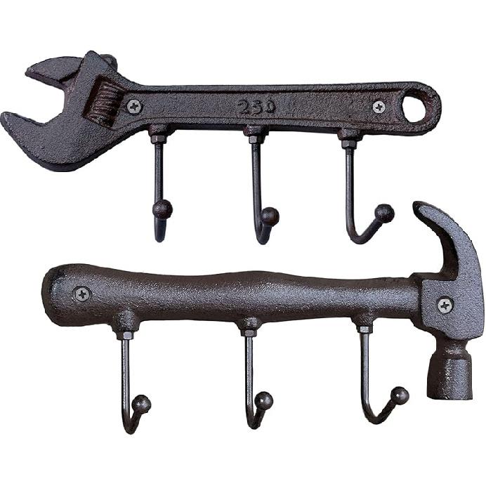 Retro Vintage Key Rack Holder Hooks Cast Iron Wrench Spanner Shape Decorative Wall Mounted Antique Man Cave Garage Tool Holder Coat Hat Rack Hanger