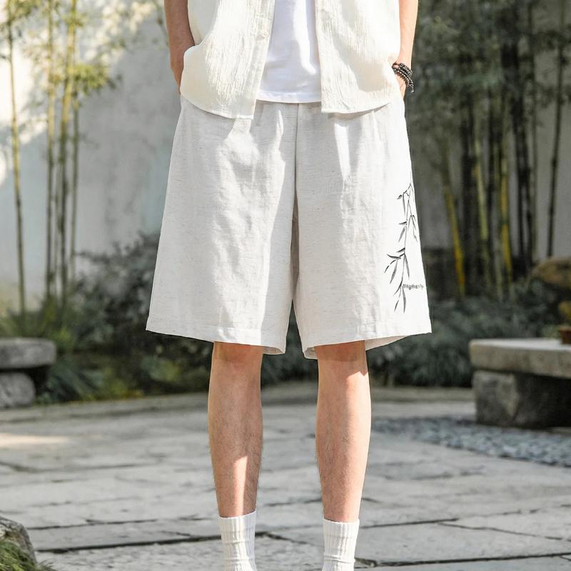Men s  Linen-Textured Casual Shorts Lightweight Breathable Summer Shorts Printed Design Double Pleats Knee-Length S