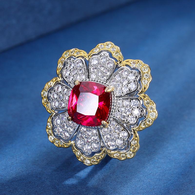 

Jewelry Copper Bottom Gold-Plated Simulation Treasure Red Corundum Flower Shape Creative Full Diamond Women S Set 10 * 10