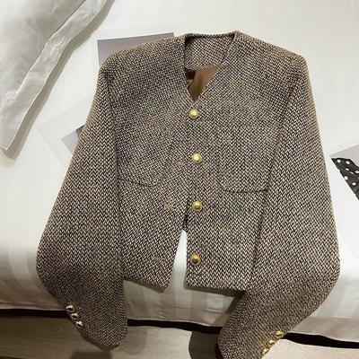 Vintage Cropped Tweedjacke Damen Elegant Kurzer Blazer Herbst Casual Oberbekleidung