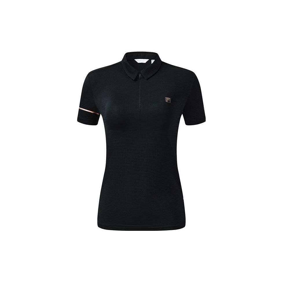

FILA Solid Color Logo Slim Fit Half Zip Short Sleeve Polo Shirt Women Tops Black A11W225128FBK S