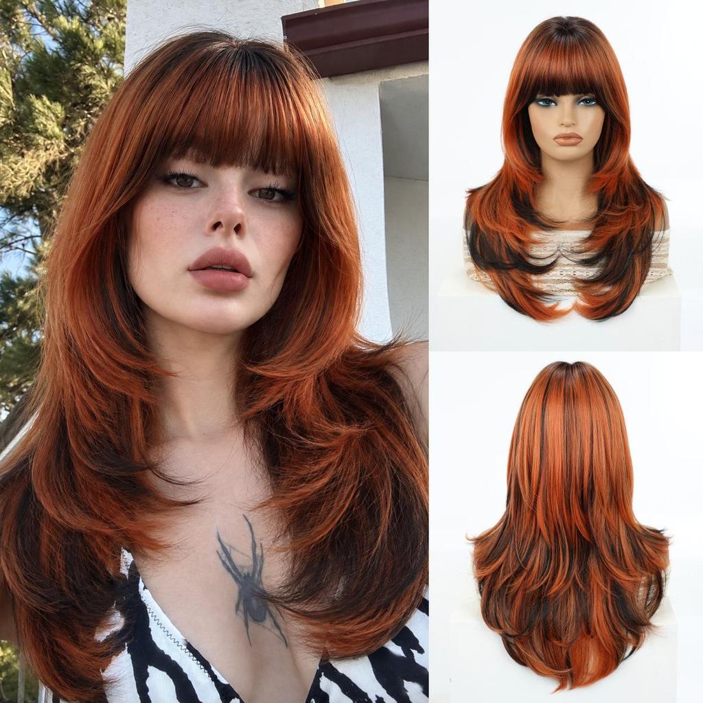 Perruque Européenne Marron Dégradé pour Femmes - Cheveux Longs Lisses avec Couches Naturelles et Volume, Frange Droite, Couverture Complète de la Tête pour Cosplay, En Stock.