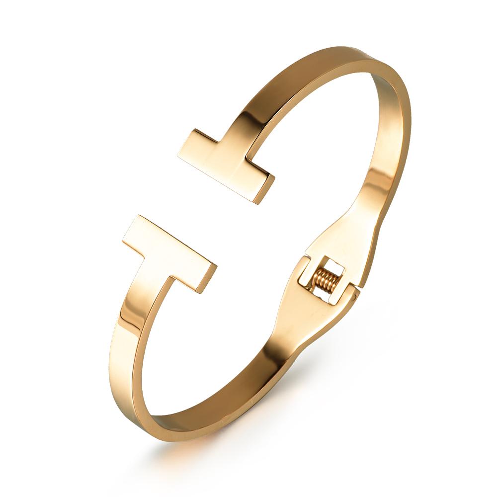 Bracciale da Donna Best Selling Moda Vintage Classico Doppio T Aperto Acciaio Inossidabile Oro 18k