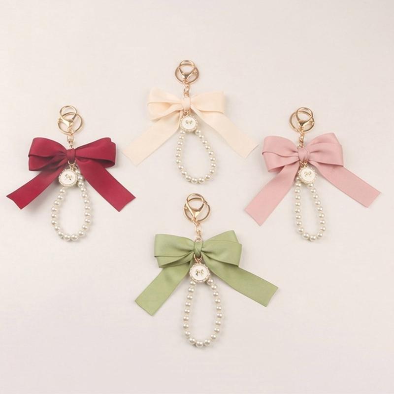 Elegant Pearl Chain Keychain with Large Ribbon Bowknot Pendant Stylish Keychain for Women and Girls Bag Decoration