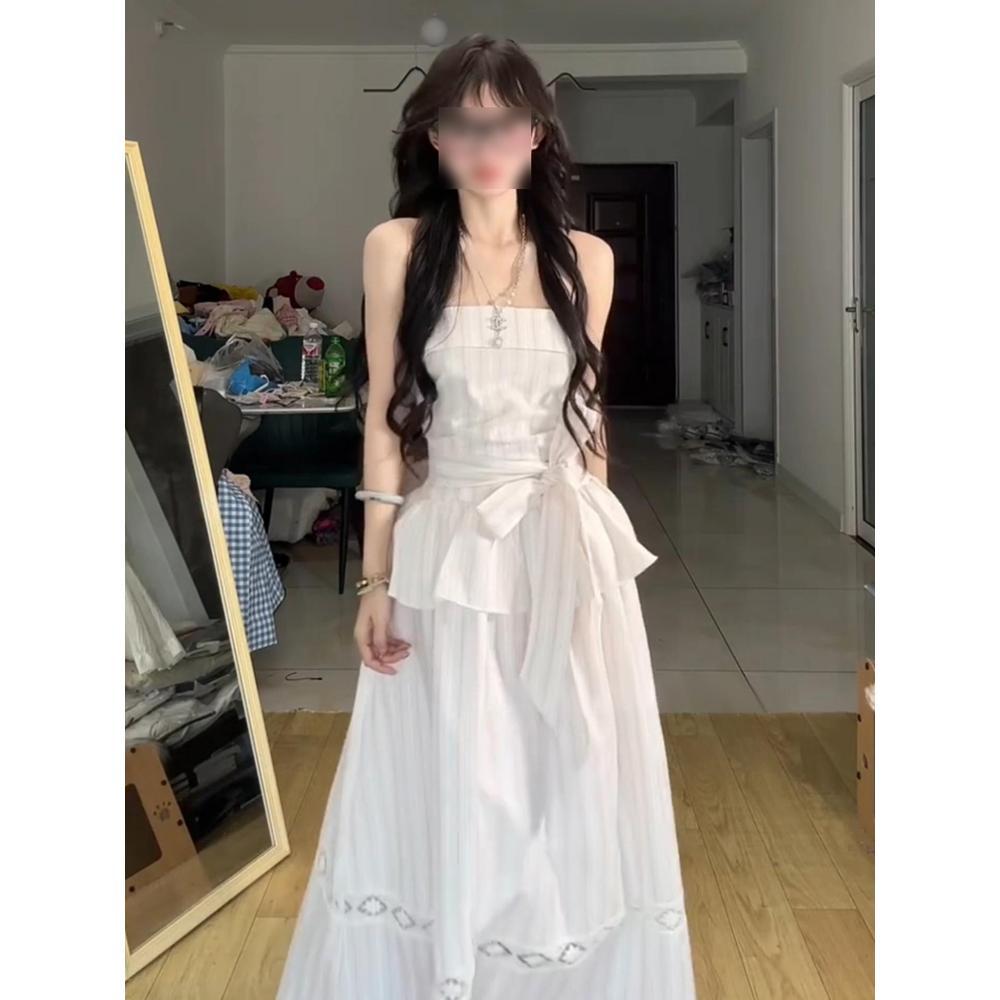 Especially Beautiful Waist Pinch Tube Top Suspender Dress Summer Strap Design Waist Thin a Word Long Skirt