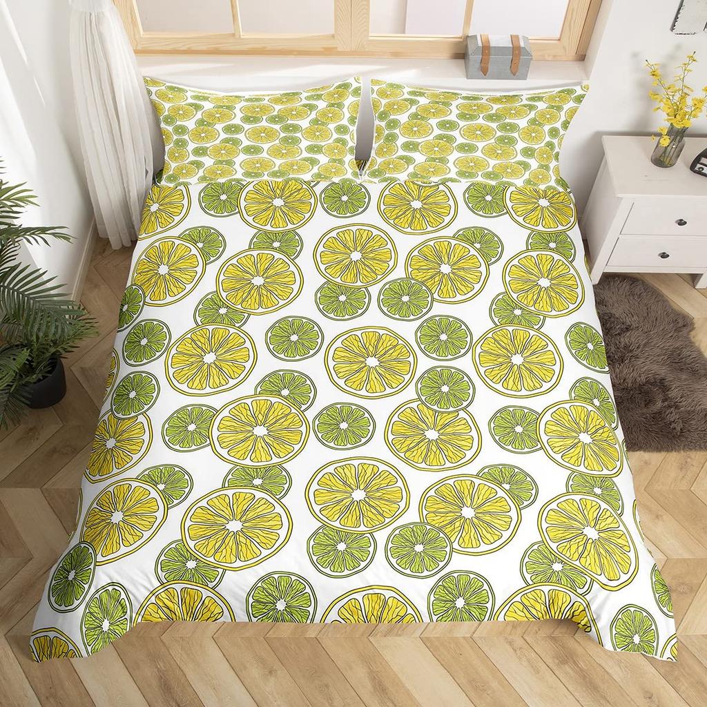 Nature Bedspread, Lemon Tre Branches Gardening Design, Decorative Quilted 3 Piece Coverlet Set featuring 2 Pilow Shams, Ful Sized Dimensions