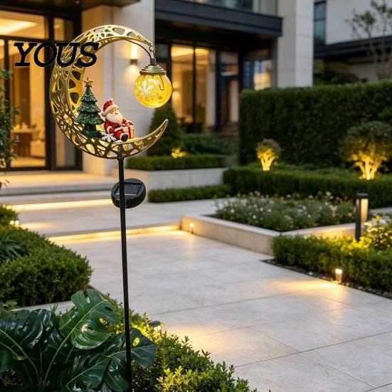 Winter Courtyard Christmas Decorations Solar Moon Light, Santa Snowman Crescent Garden Stake Warm Easy Install Ground Lights LED Glow, Festive Pathway