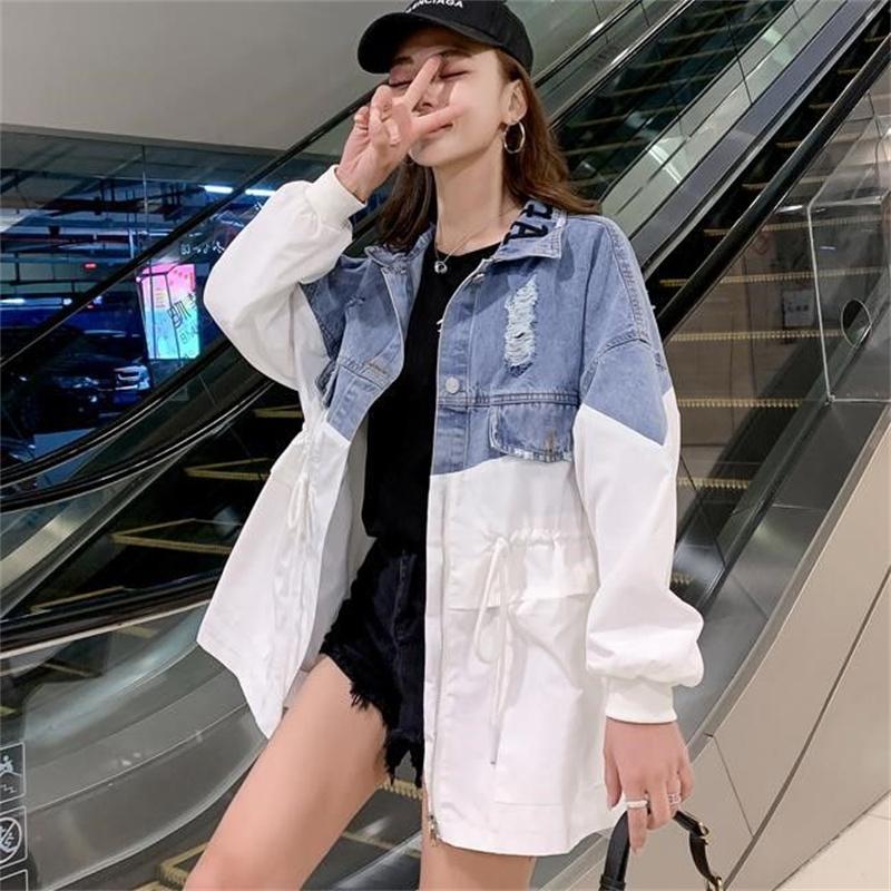 Spring Fashion Waist Slimming Stitching Denim Jacket Women's Mid-length Windbreaker