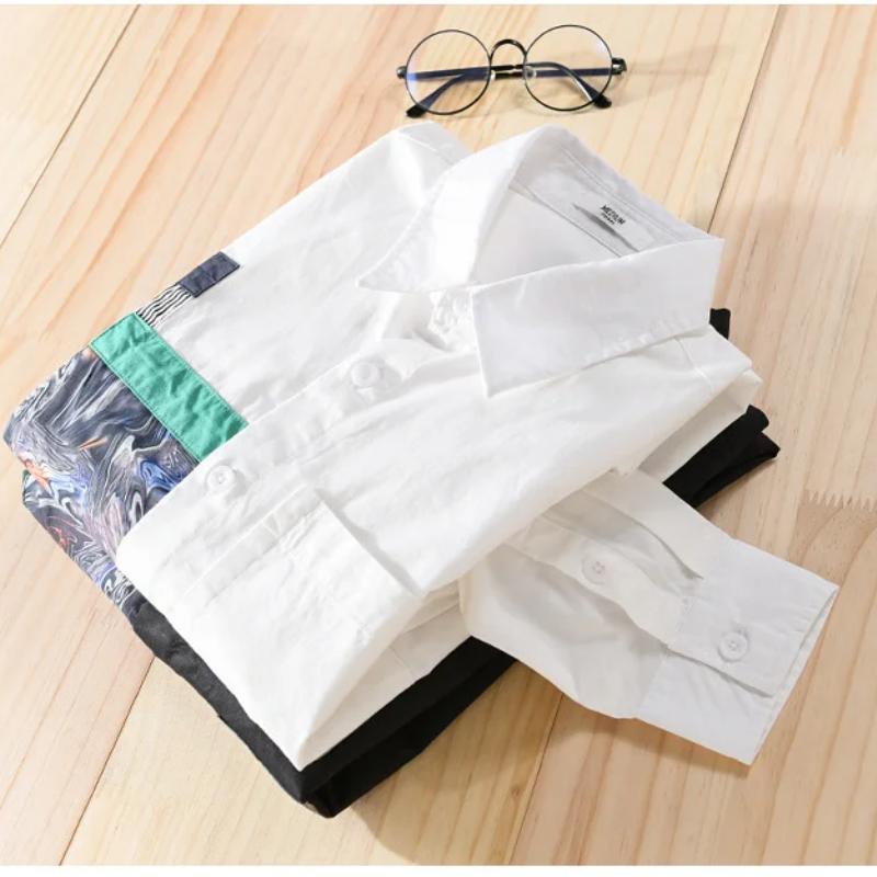 Frühling Sommer Langarm Weiße Hemden für Männer Street Style Casual Shirt Korean Fashion Stitching Printed Shirt Jugend Reine Baumwolle Lose Top