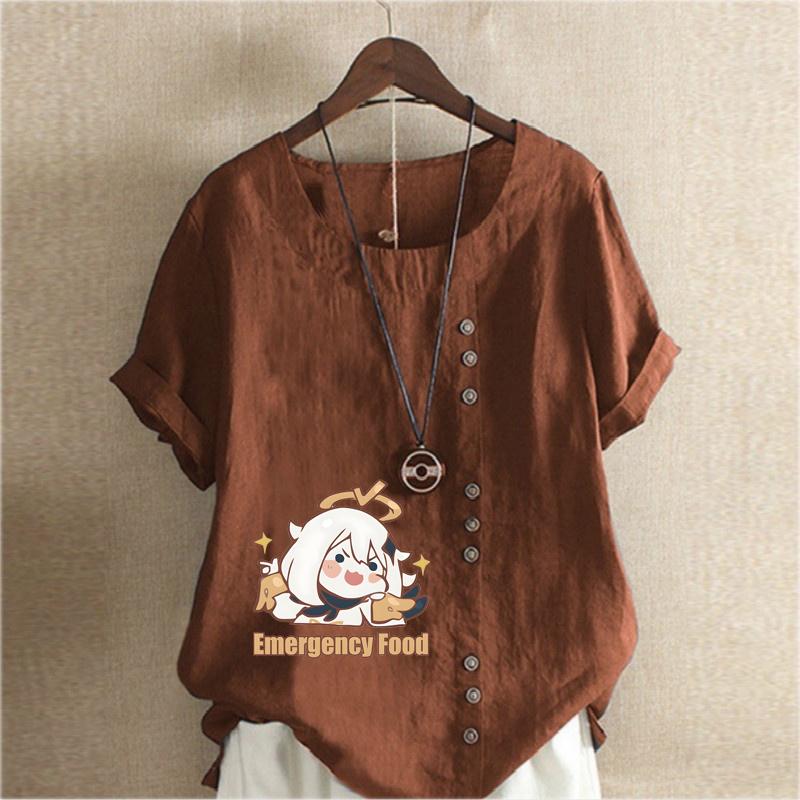 Damenmode Rundhals Kurzarm T-Shirt Lässiges Baumwollleinen Grafikhemd Freizeit Lose Cartoon Mädchen Gedruckt Sommer Bluse Tops Übergröße