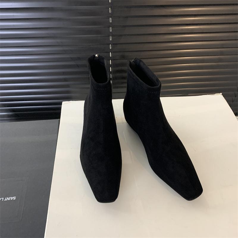 Design Inner Height Increasing Slope Heel Small Short Boots Women s Spring Skinny Boots Square Head Rear Zipper French and Ankle Boots 35