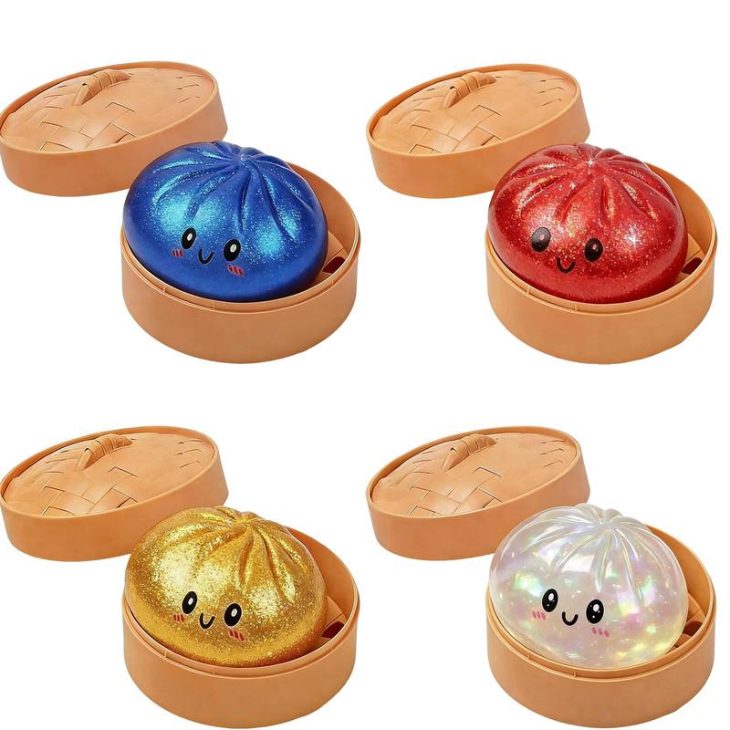 Glitter Dumplings Stress Relief Toy Cute Steamed Bun Squishy Toy with Steamer Box Fidget Toy Soft Slow Resilience Stress Relief Sensory Squeeze Toy