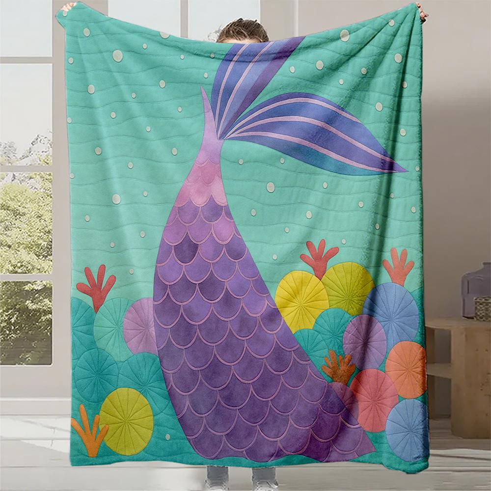 

1pc Turquoise Blue & Purple Mermaid Tail Plush Blanket - Soft Quilted Flannel Bedspread with Shimmering Scales, All-Season 30x40in