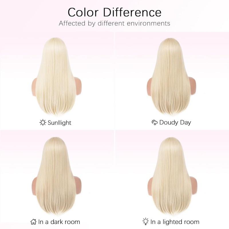 Womens Light Blonde Long Straight Wig With Bangs High Temperature Fiber Synthetic Hairpiece
