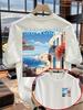 [Front And Back Images] 2026 Back-To-School Season Retro Greek Vacation Illustration Style! Santorini Print Summer Men'S