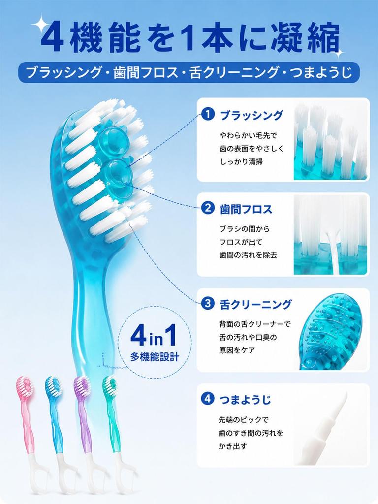 Mini Brosse à Dents & Fil Dentaire Interdentaire 5-en-1 Conception Double-Bulle, 4 Couleurs & 4 Saveurs pour Différentes Situations de Soin Poils Ultra-Fins Multi-Couches