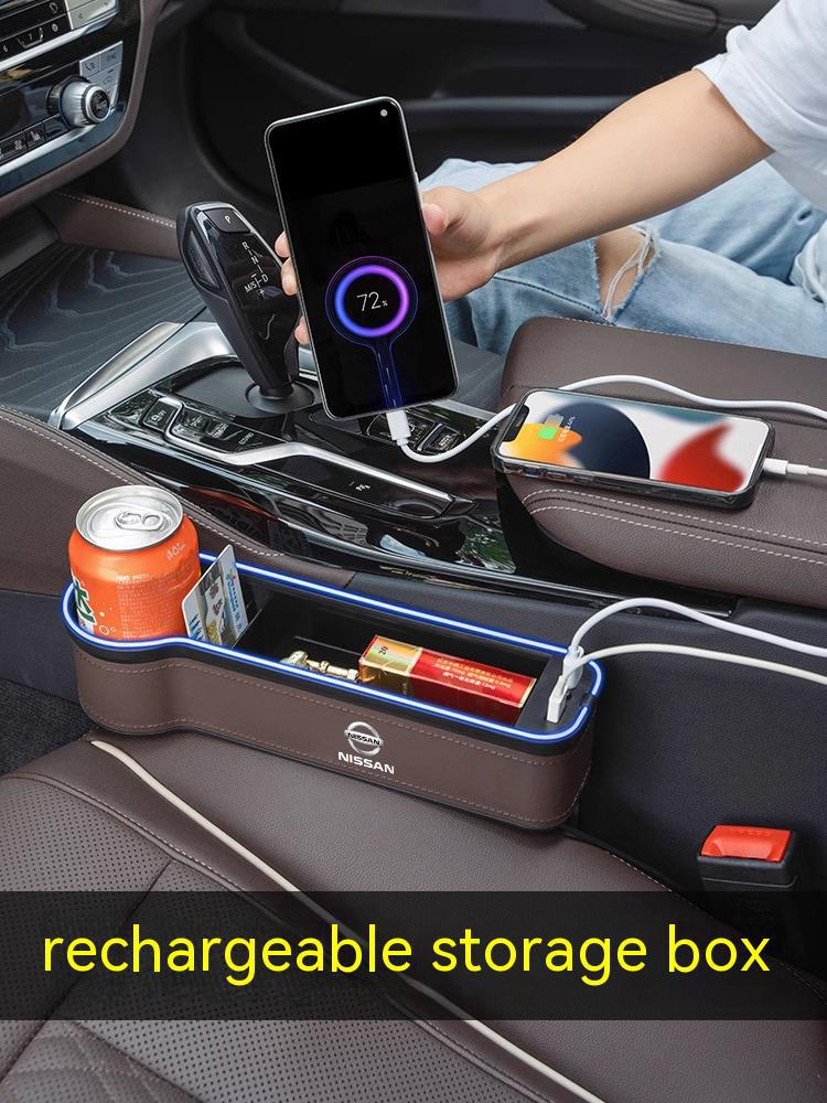 AUK2 Car USB Charging Colour Light Seat Gap Storage Box For Nissan X-Trail Qashqai Sentra Serena Tiida Teana Juke Leaf Micra Almera