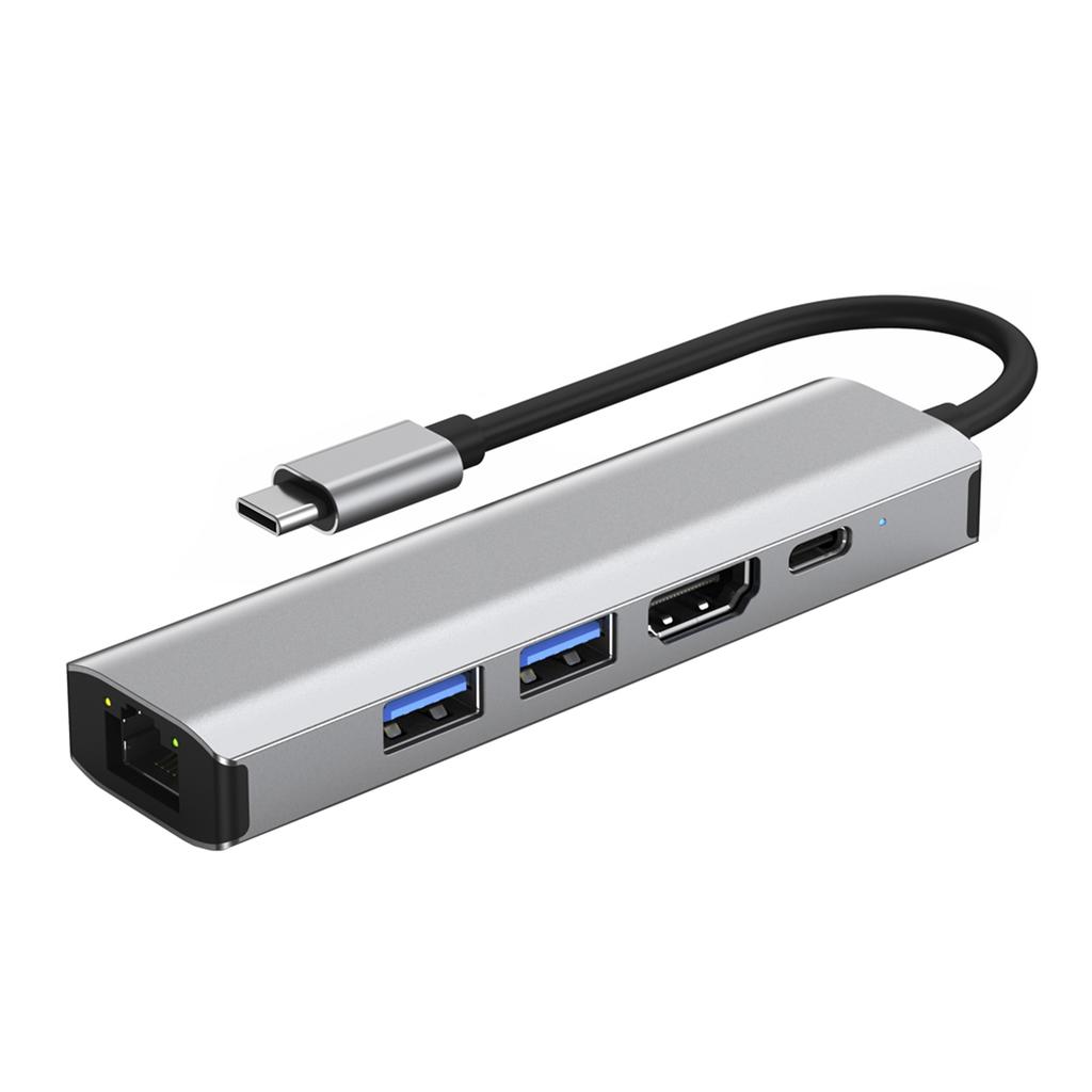 5 In 1 TYPE-C To USB3.0*1+USB2.0*1+PD100W/USB-C Data+HDMI+100M Network Card PC