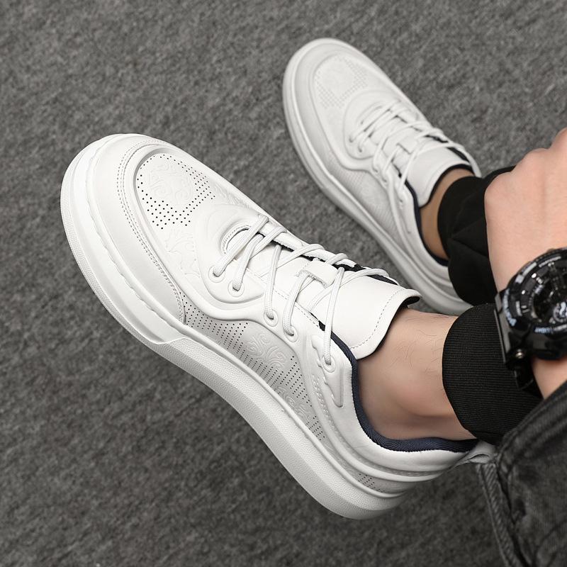 New Shoes for Men Cow Leather Casual Platform Shoes Breathable White Skateboard Shoes Street Slip-on Sneaker