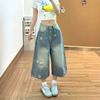 Women's High Waist Star Print Wide Leg Denim Culottes Vintage Washed Cropped Jeans