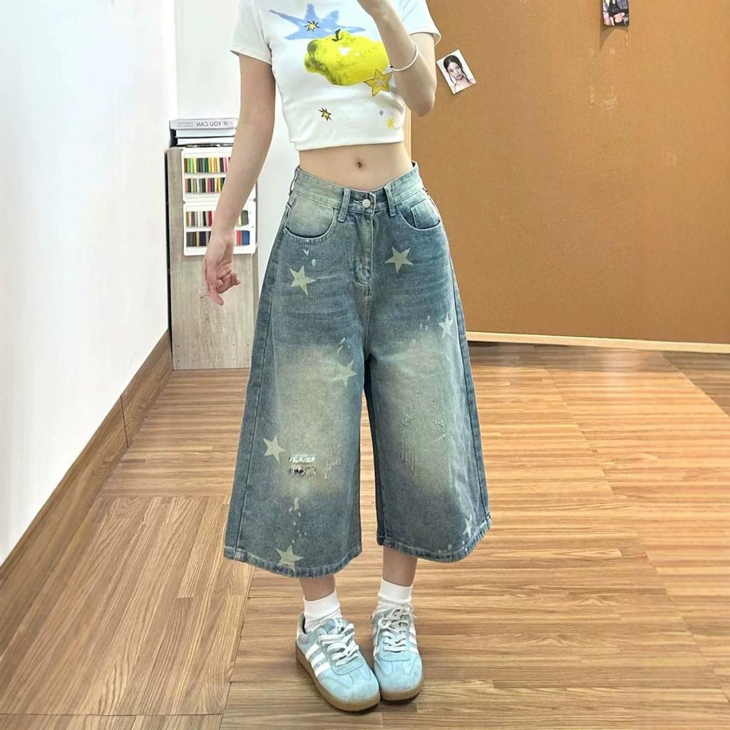 Women's High Waist Star Print Wide Leg Denim Culottes Vintage Washed Cropped Jeans