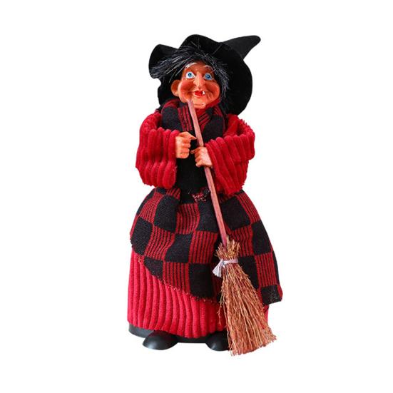 Halloween Witch Doll Standing Witch Figure Holding Broomstick Desktop Spooky Witch Figurine for Halloween Party Mantel Dining Table Decor