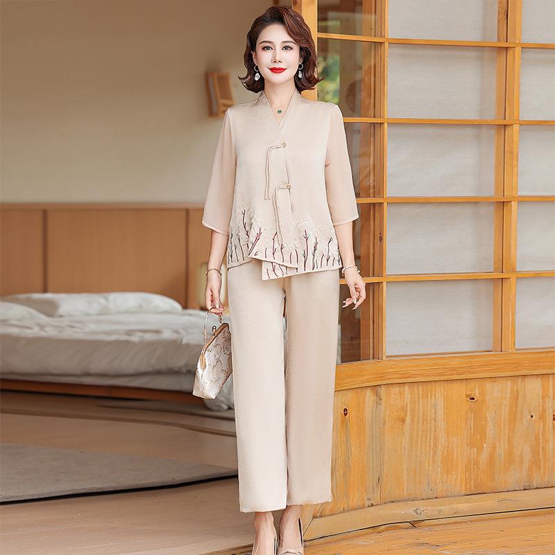 2024 New Women's Chiffon Blouse & T-Shirt Set for Middle-Aged & Elderly – Short Sleeve, Two-Piece Summer Fashion