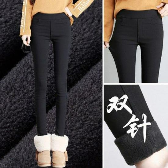 Plus Size Fleece-Lined High Waist Black Leggings for Women - Slimming, Elastic, Skinny Long Pants for Autumn/Winter