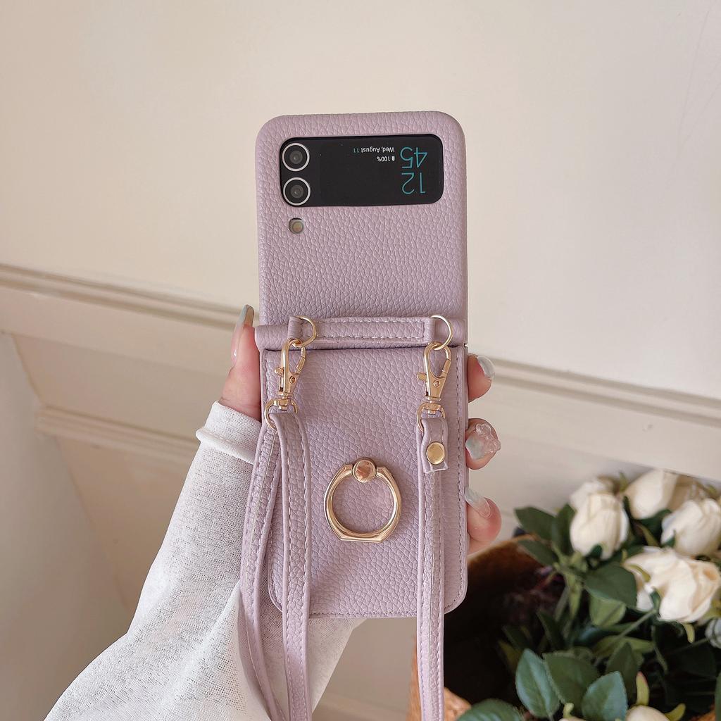 Applicable To Samsung ZFlip4 Folding Messenger Lychee Pattern Zflip3 Ring Mirror Card Bag Long Lanyard Protective Cover