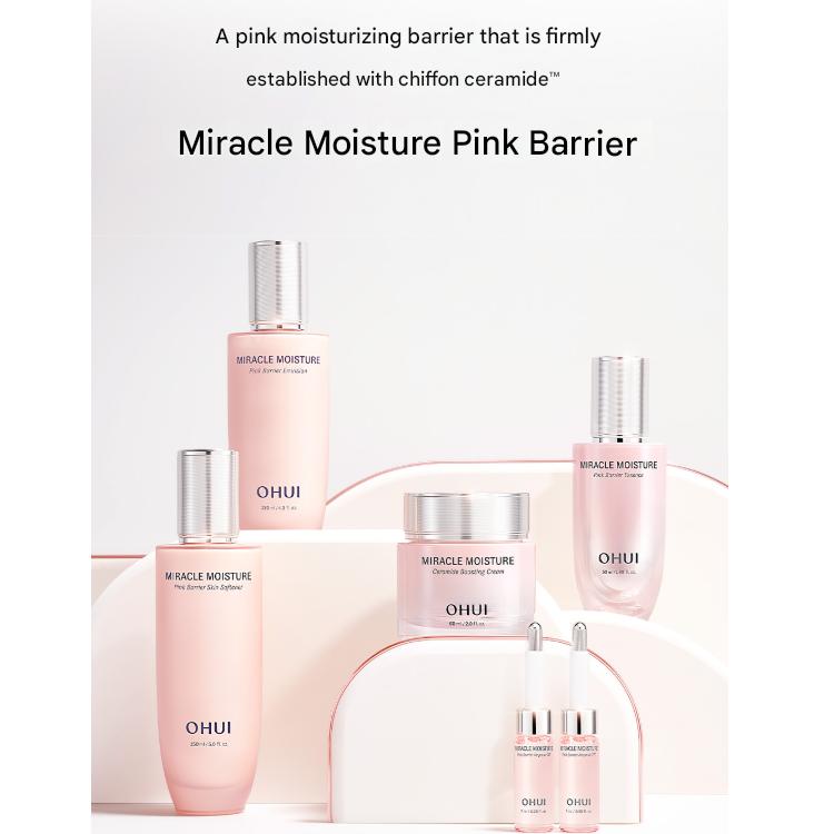 Ohui Miracle Moisture Pink Barrier Skin Softener 150ml+Emulsion 130ml+Ceramide Boosting Cream 30ml (+Random Free Gifts)
