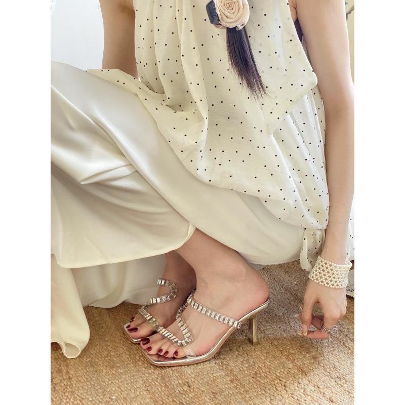 New rhinestone square head open-toed high-heeled cool slippers transparent belt fashionable hollow high heels women's sandals