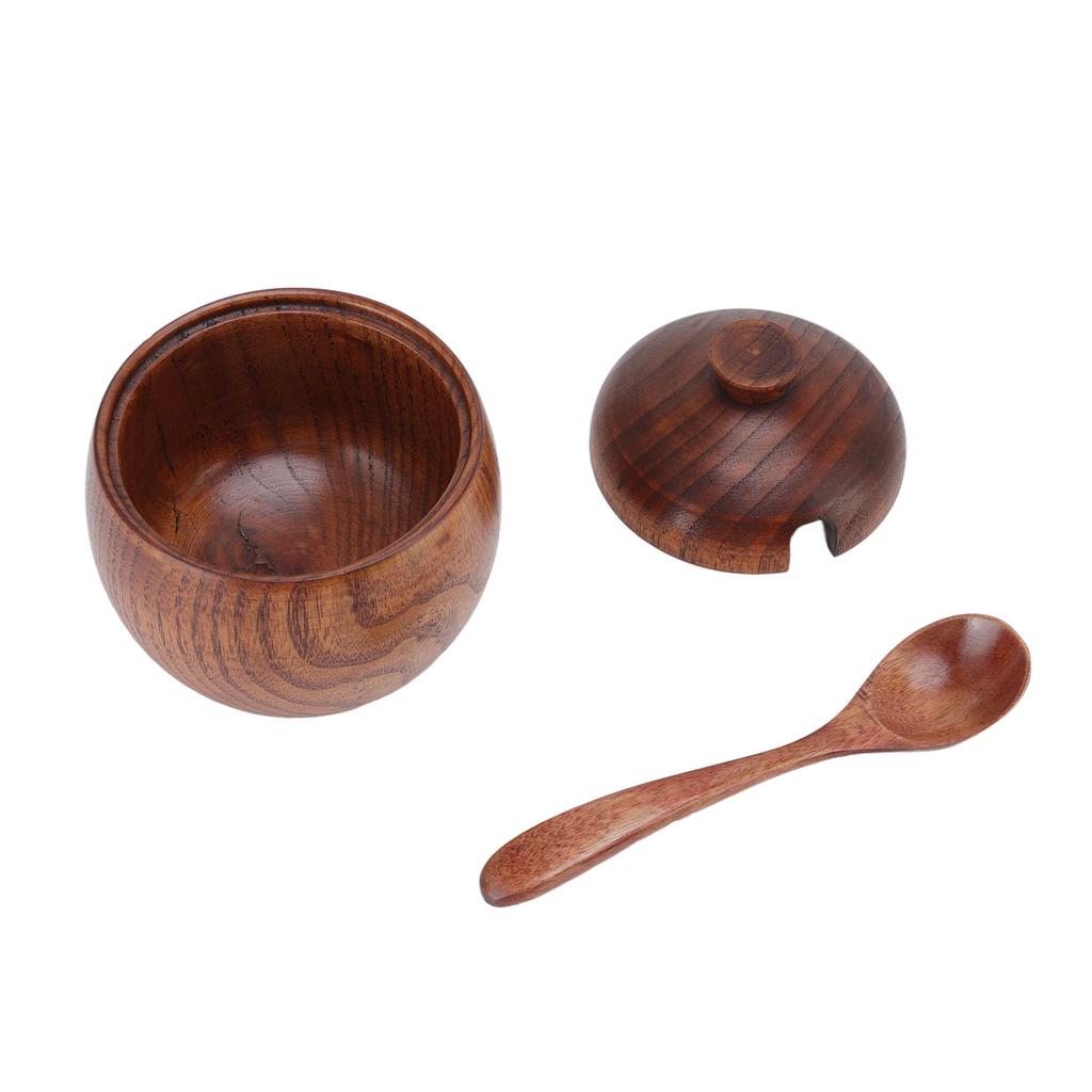 Wood Spice Jar Sugar Bowl Salt Box Seasonings Storage Container with Spoon Lid Kitchen Tool