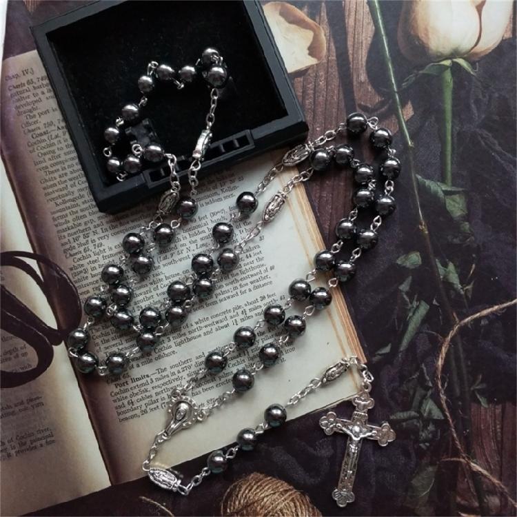 Black Hematite Rosary Necklaces Cross Pendant Church Souvenirs Prayer Long Chain