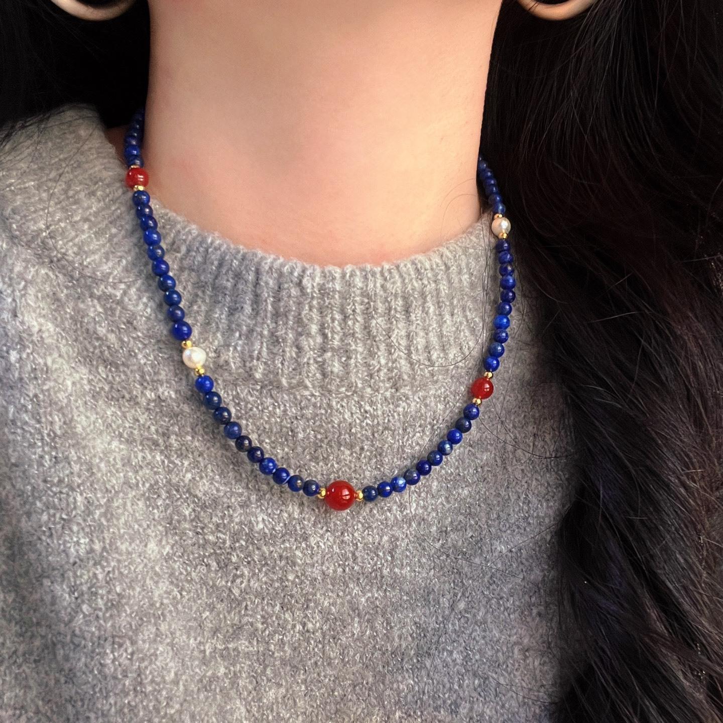 High Quality Retro Natural Lapis Lazuli Freshwater Pearl Chalcedony Broken Bone Chain Necklace Neck Chain Female