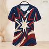 Women Plus Size Red Blue White Star Printed Nurse Scrub Top V Neck Short Sleeve With Front Pockets