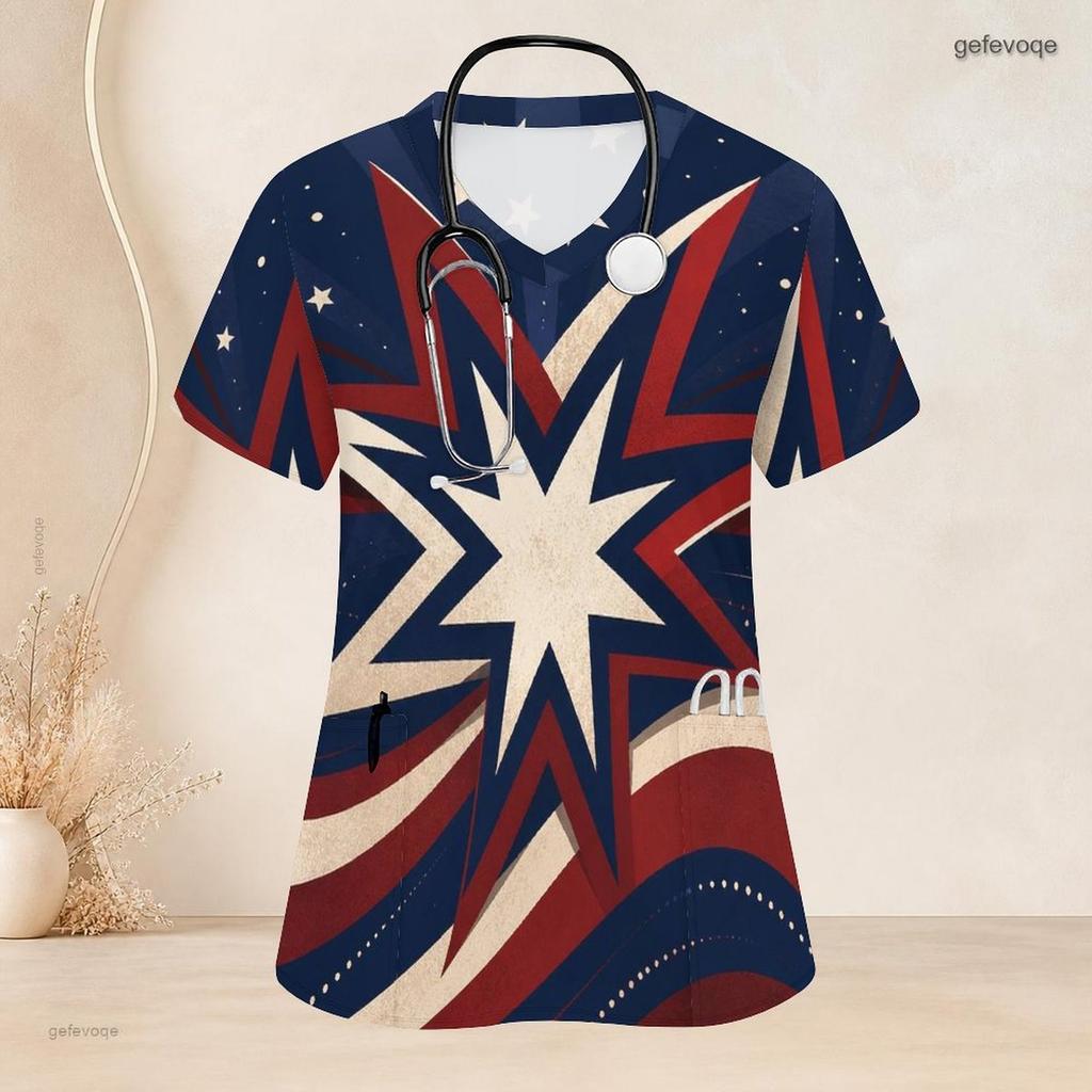 Women Plus Size Red Blue White Star Printed Nurse Scrub Top V Neck Short Sleeve With Front Pockets