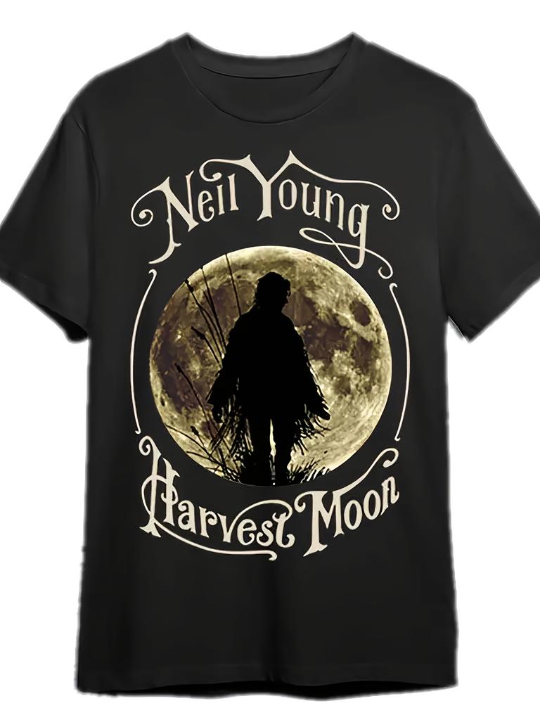 Unisexs Neil Young Harvest Moon Album Graphic Tshirt Vintage Music Tee With Full Moon Silhouette Print