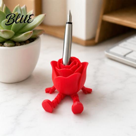 Poseable Rose Model Heart Ornament 3D Printed Red Pen Holder with Movable Joints
