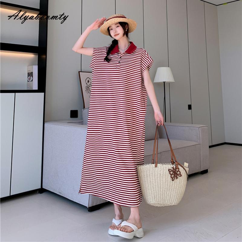 

Летнее женское платье больших размеров в полоску размера плюс с отложным воротником, серое, красное, хлопковое, повседневное, свободное, с короткими рукавами, длинное мешковатое платье L серый