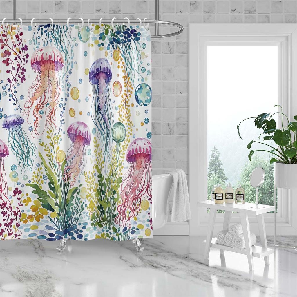 1PC Jellyfish pattern printed shower curtain, waterproof, with 12 hooks, bathroom showers, bathtub, fashionable home use