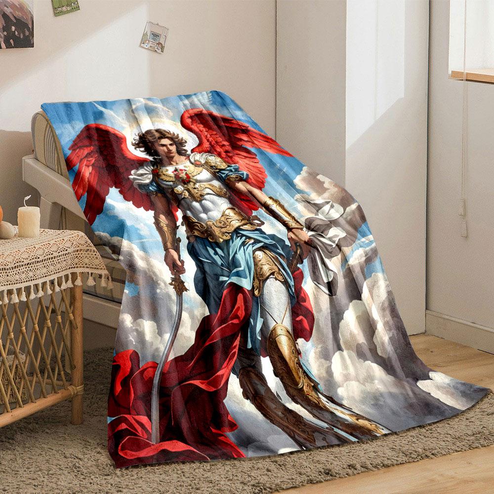 Archangel Michael Winged Warrior Clouds Blanket Bedroom Blanket for Livingroom Couch Lunch Break Soft Throw for Friend's Festival Gift