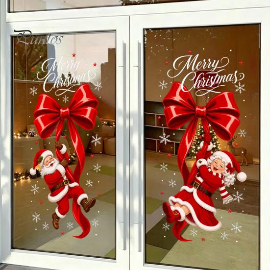 Static Glass Stickers Sticker, Christmas Theme Bow Pattern Print, Removable Film Electrostatic PVC for Home And Store Doors Party Supplies
