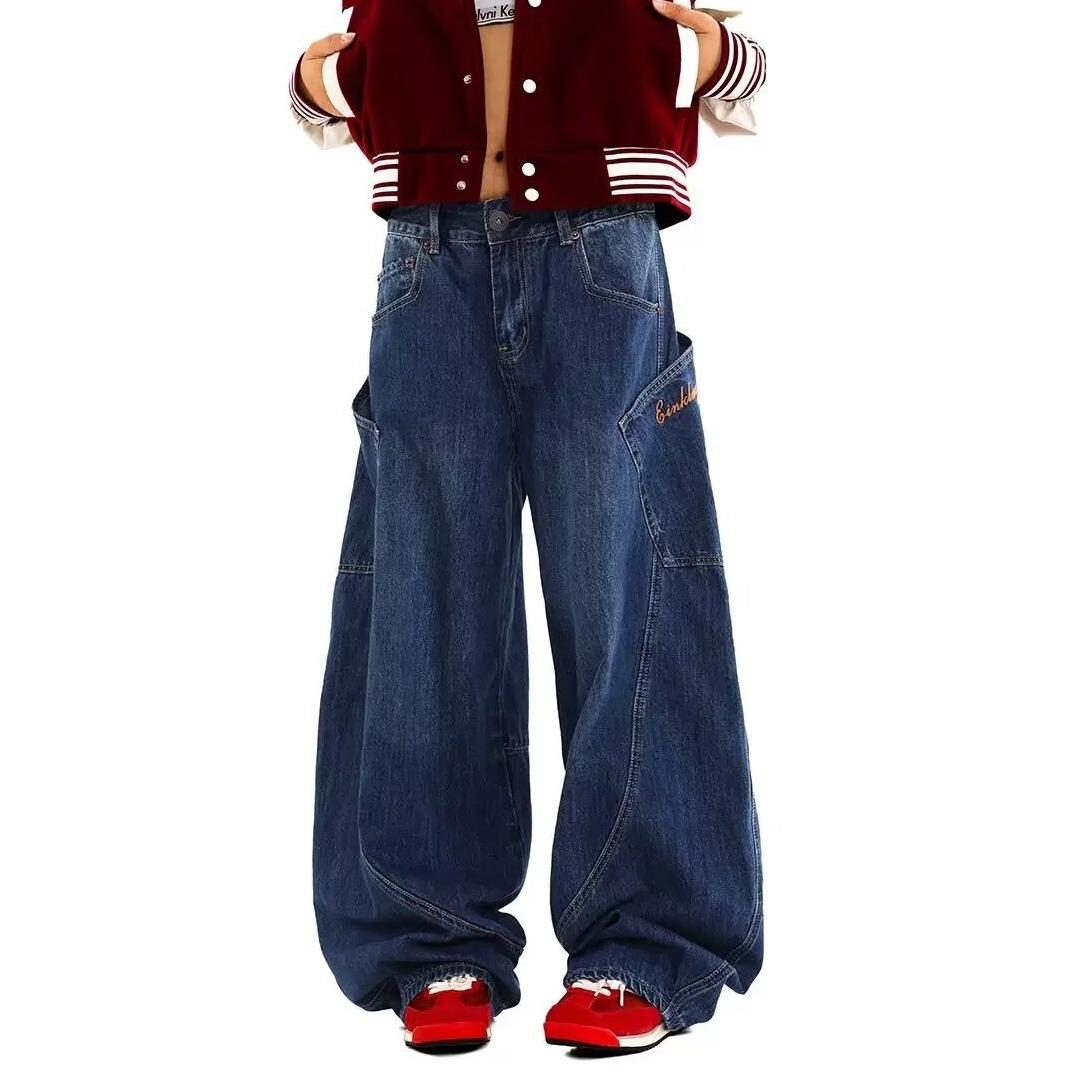 

Унисекс Ретро Джинсы-палаццо с вышивкой и большими карманами 2XL синий