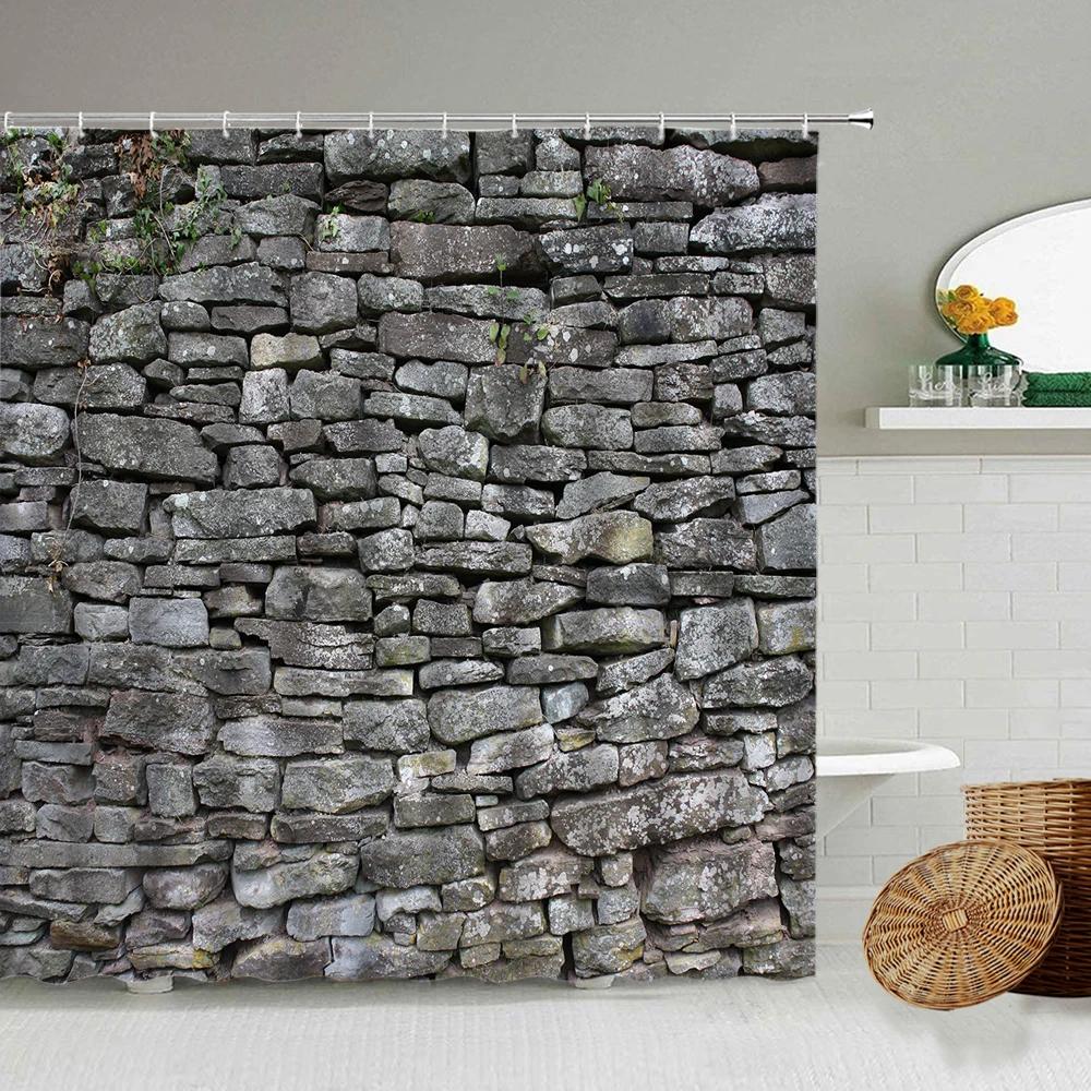 Stone Brick Wall Shower Curtain,Ivy Green Leaves Climbing On Rustic Marble Rocks Stone Wall Fabric Bathroom Shower Curtains