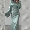Women's Round Neck Long Sleeve Solid Colorwith Tie Back Elegant Long Dress 