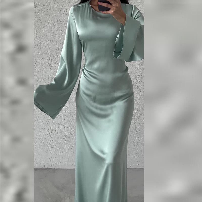Women's Round Neck Long Sleeve Solid Colorwith Tie Back Elegant Long Dress 