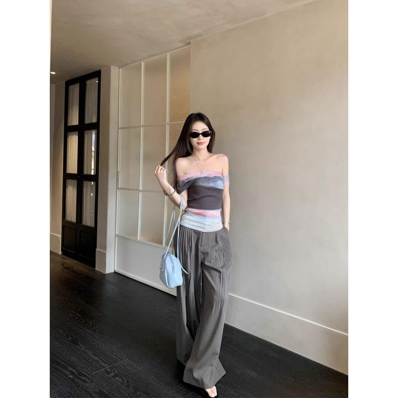 Kumikumi Fashion Set Retro Blooming Print off-the-Shoulder T-shirt Women Summer Casual Pants Wide Leg Pants Two-piece Set