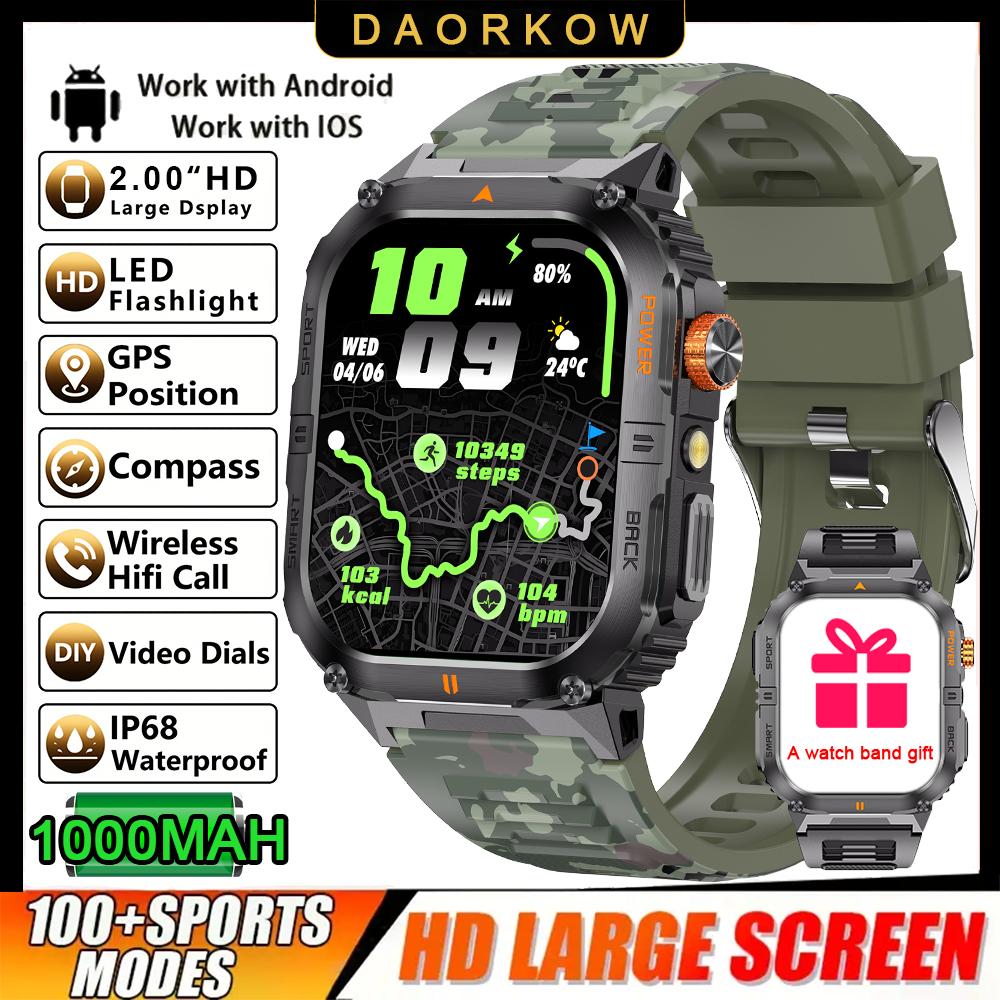 1000mAh Super Capacity Battery Adult Men Smart Watch 2.0-inch Large Screen Bluetooth Call IP68 Waterproof SmartWatch Sports