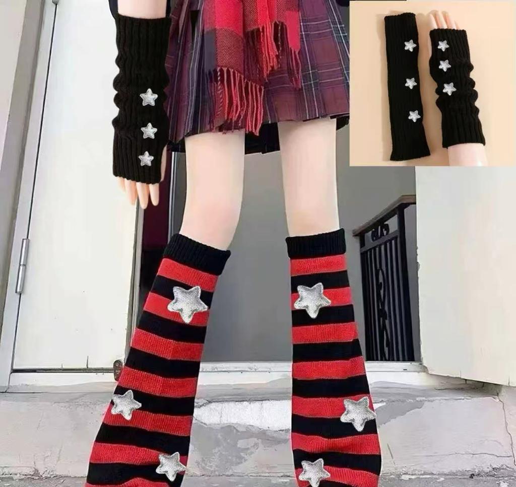 Muorruo Y2K Women Girls Leg Arm Warmers Set Retro Star Knitted Soft Stretchy Needle Detection Keep Warm Streetwear Parties