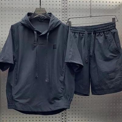 Men's Summer Lightweight Breathable Casual Set Sun Protection Hooded Short-Sleeve Top + Shorts Simple Solid Color Two-Piece Set